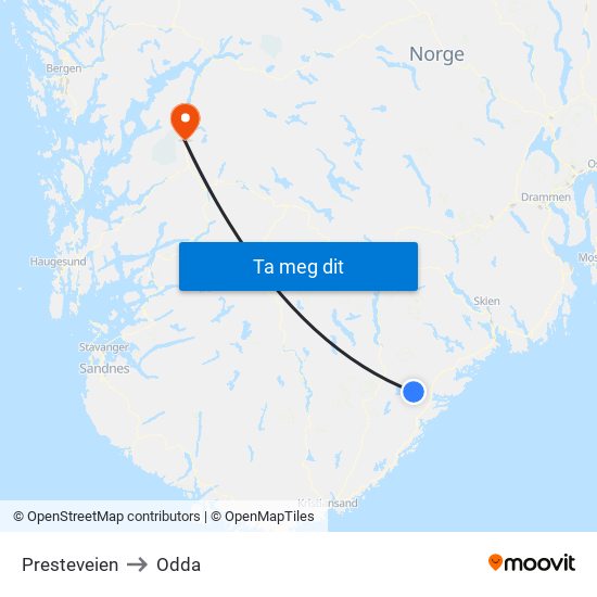 Presteveien to Odda map