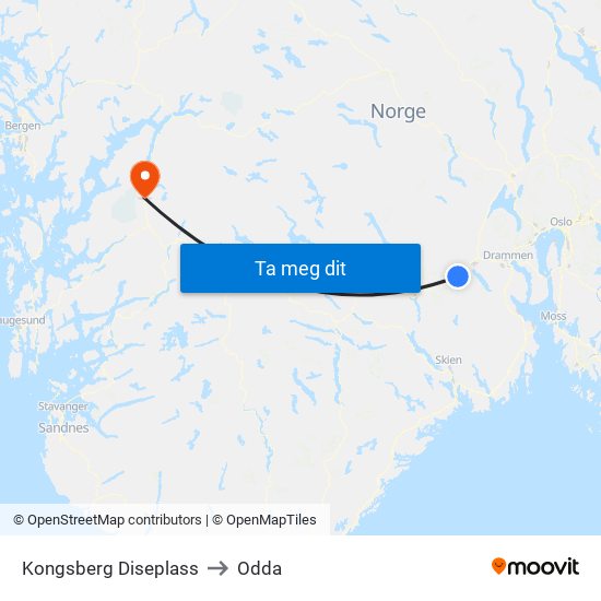 Kongsberg Diseplass to Odda map