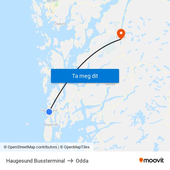 Haugesund Bussterminal to Odda map