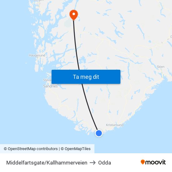 Middelfartsgate/Kallhammerveien to Odda map