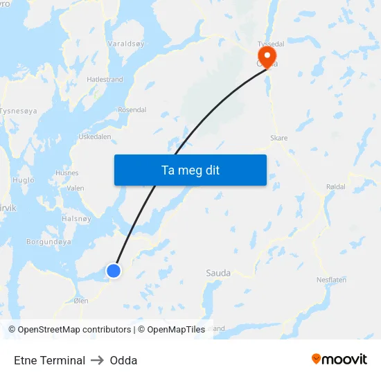 Etne Terminal to Odda map