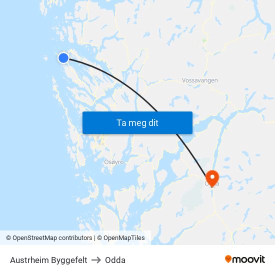 Austrheim Byggefelt to Odda map