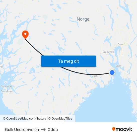 Gulli Undrumveien to Odda map