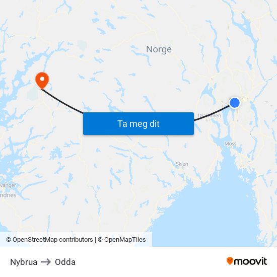 Nybrua to Odda map