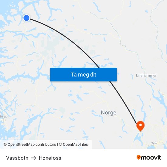 Vassbotn to Hønefoss map