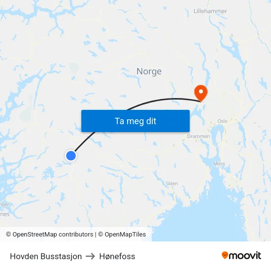 Hovden Busstasjon to Hønefoss map