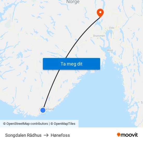 Songdalen Rådhus to Hønefoss map