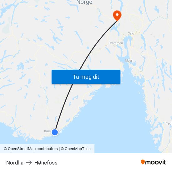 Nordlia to Hønefoss map