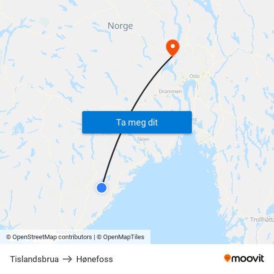 Tislandsbrua to Hønefoss map