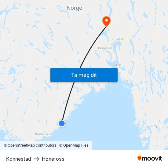 Konnestad to Hønefoss map