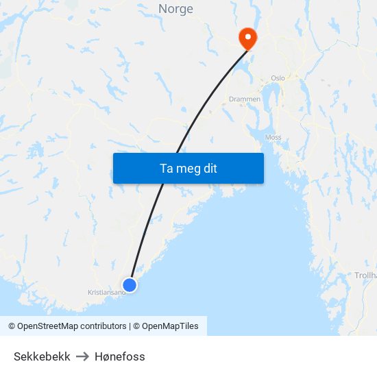 Sekkebekk to Hønefoss map