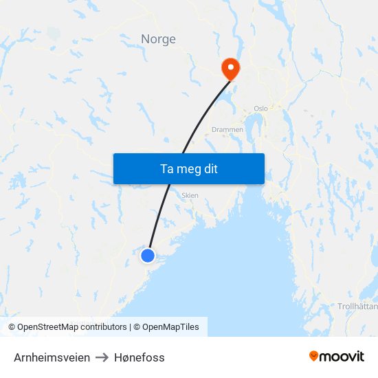 Arnheimsveien to Hønefoss map