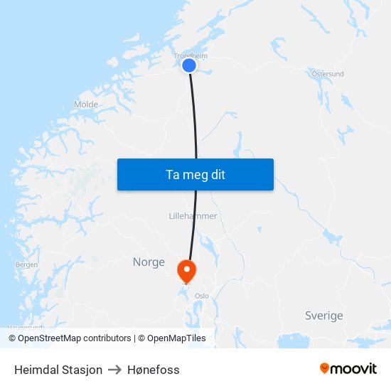 Heimdal Stasjon to Hønefoss map