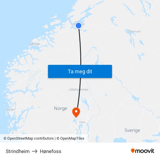 Strindheim to Hønefoss map