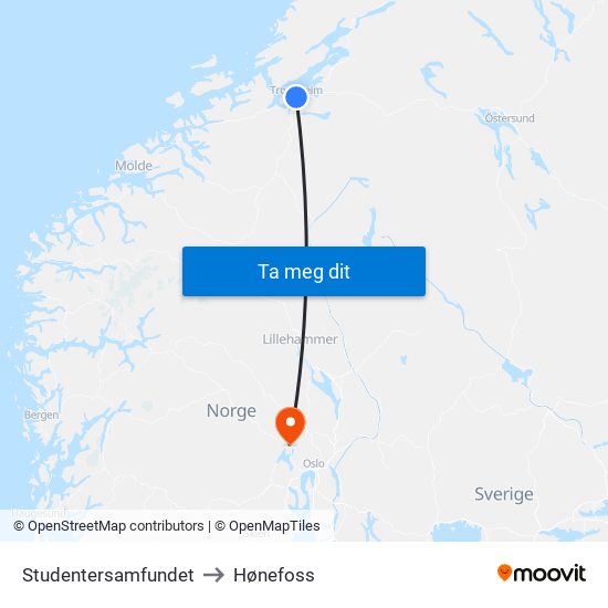 Studentersamfundet to Hønefoss map