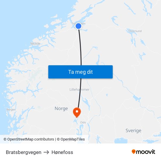 Bratsbergvegen to Hønefoss map
