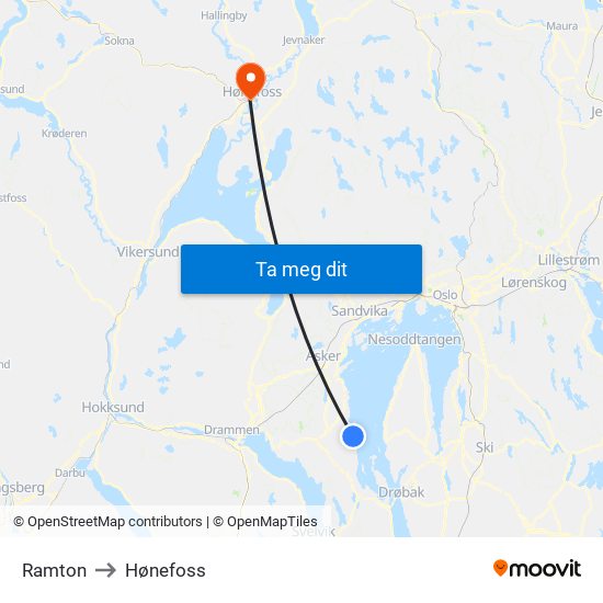 Ramton to Hønefoss map