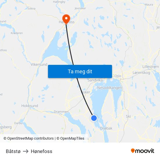 Båtstø to Hønefoss map