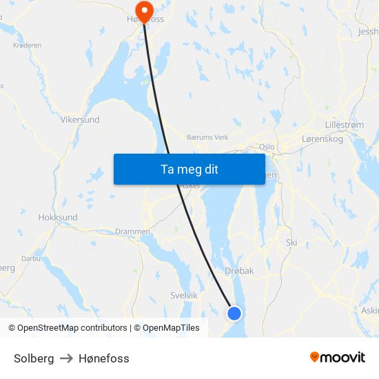 Solberg to Hønefoss map