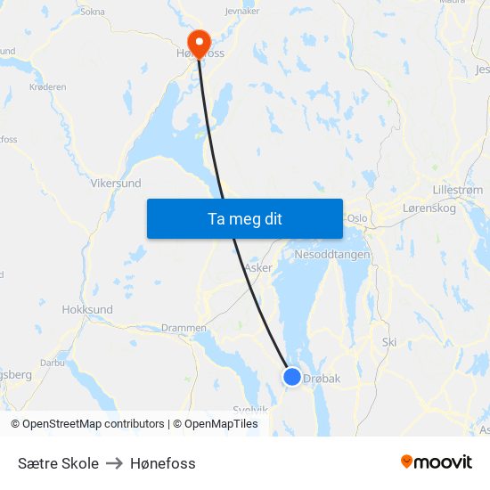 Sætre Skole to Hønefoss map