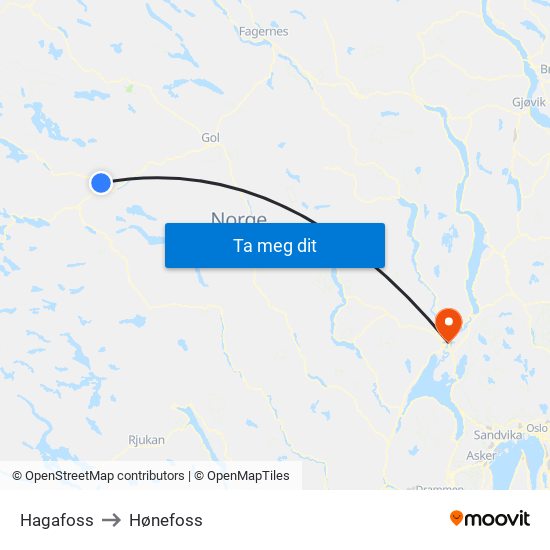 Hagafoss to Hønefoss map
