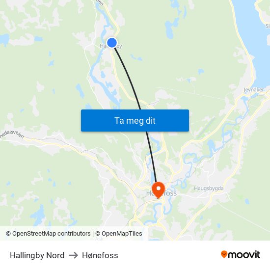 Hallingby Nord to Hønefoss map
