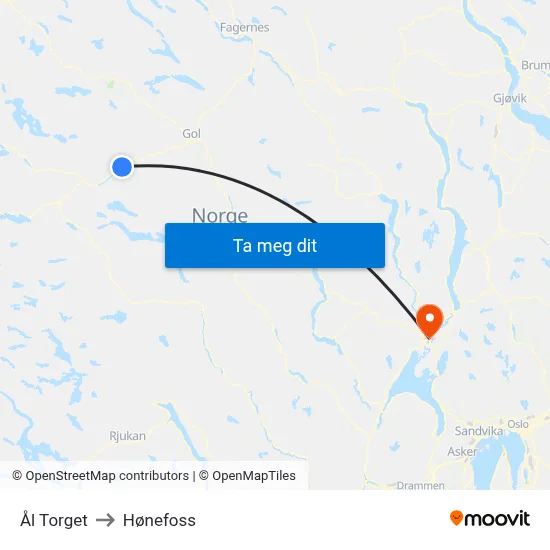 Ål Torget to Hønefoss map