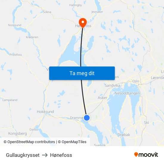 Gullaugkrysset to Hønefoss map