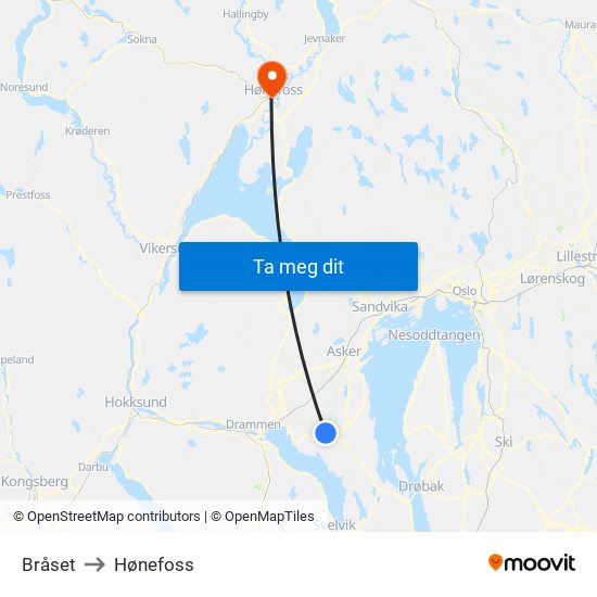 Bråset to Hønefoss map