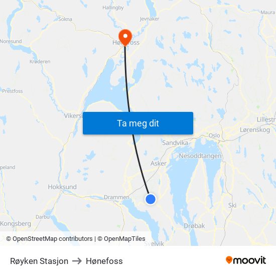 Røyken Stasjon to Hønefoss map