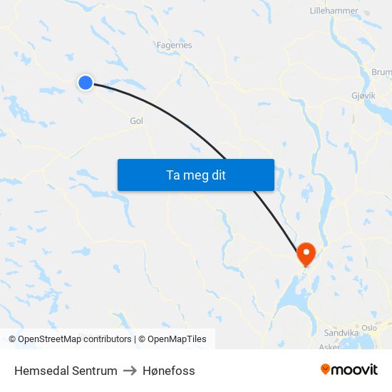 Hemsedal Sentrum to Hønefoss map