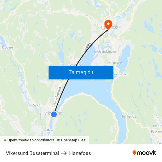 Vikersund Bussterminal to Hønefoss map
