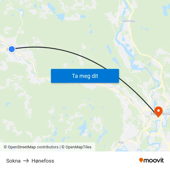 Sokna to Hønefoss map