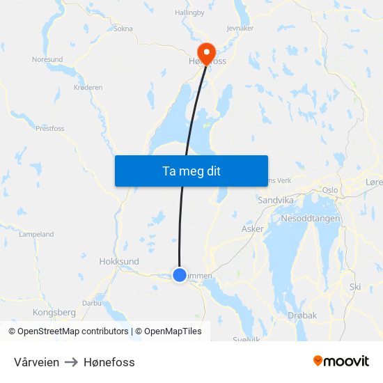 Vårveien to Hønefoss map