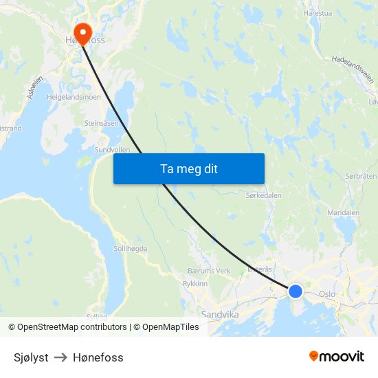 Sjølyst to Hønefoss map