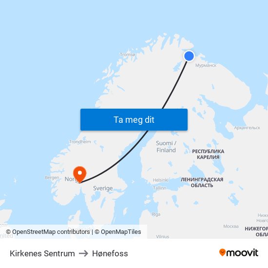 Kirkenes Sentrum to Hønefoss map