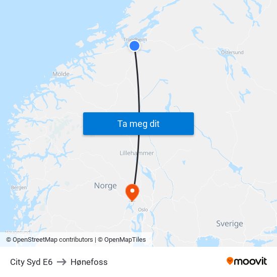 City Syd E6 to Hønefoss map