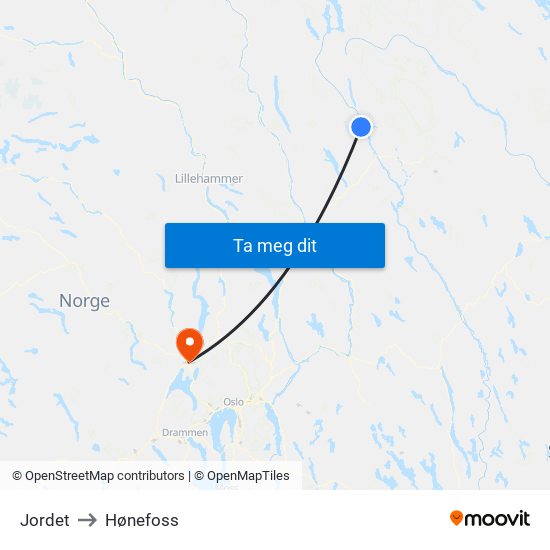 Jordet to Hønefoss map