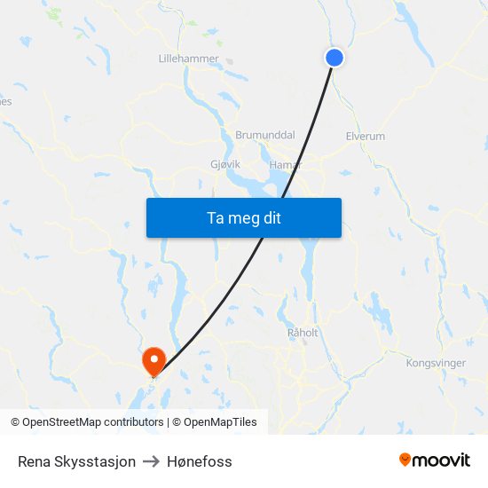 Rena Skysstasjon to Hønefoss map