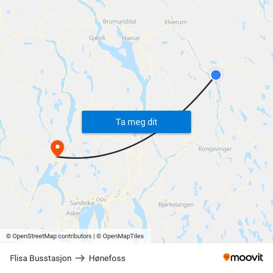 Flisa Busstasjon to Hønefoss map