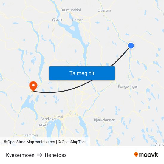 Kvesetmoen to Hønefoss map