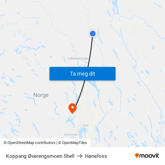 Koppang Øverengsmoen Shell to Hønefoss map