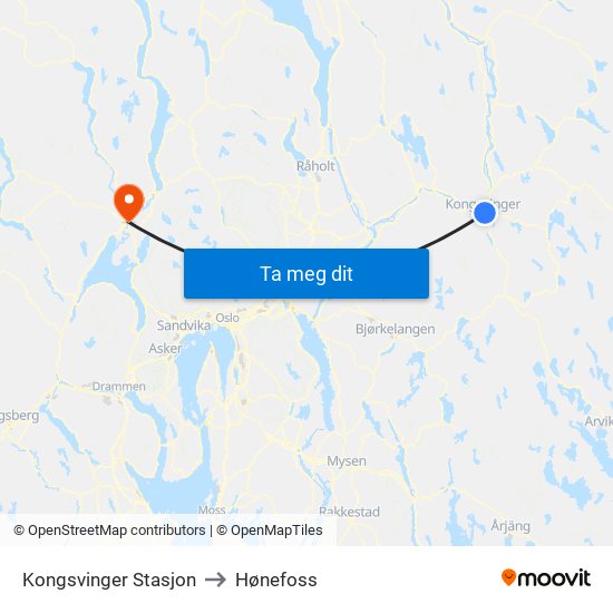 Kongsvinger Stasjon to Hønefoss map