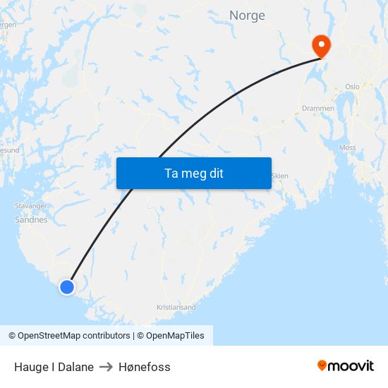 Hauge I Dalane to Hønefoss map