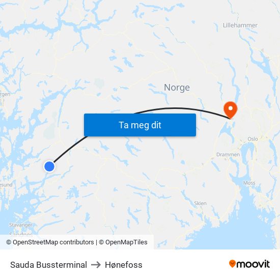 Sauda Bussterminal to Hønefoss map