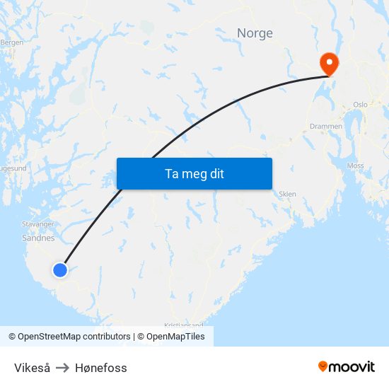Vikeså to Hønefoss map