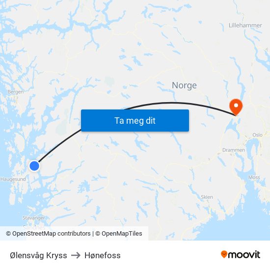 Ølensvåg Kryss to Hønefoss map