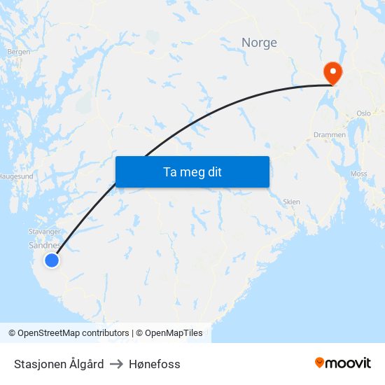 Stasjonen Ålgård to Hønefoss map