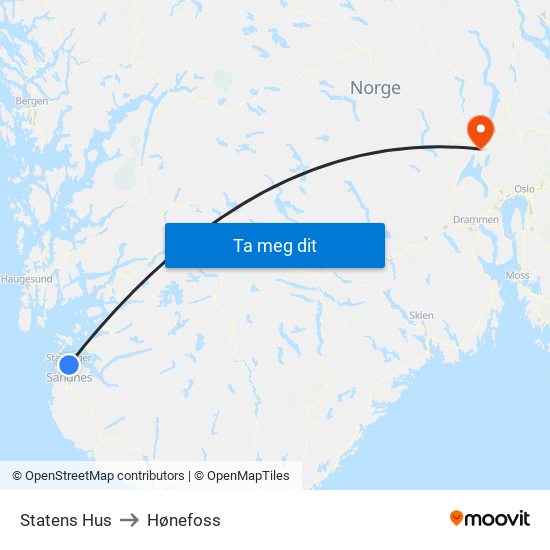 Statens Hus to Hønefoss map
