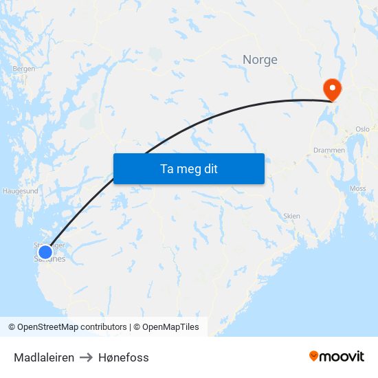 Madlaleiren to Hønefoss map